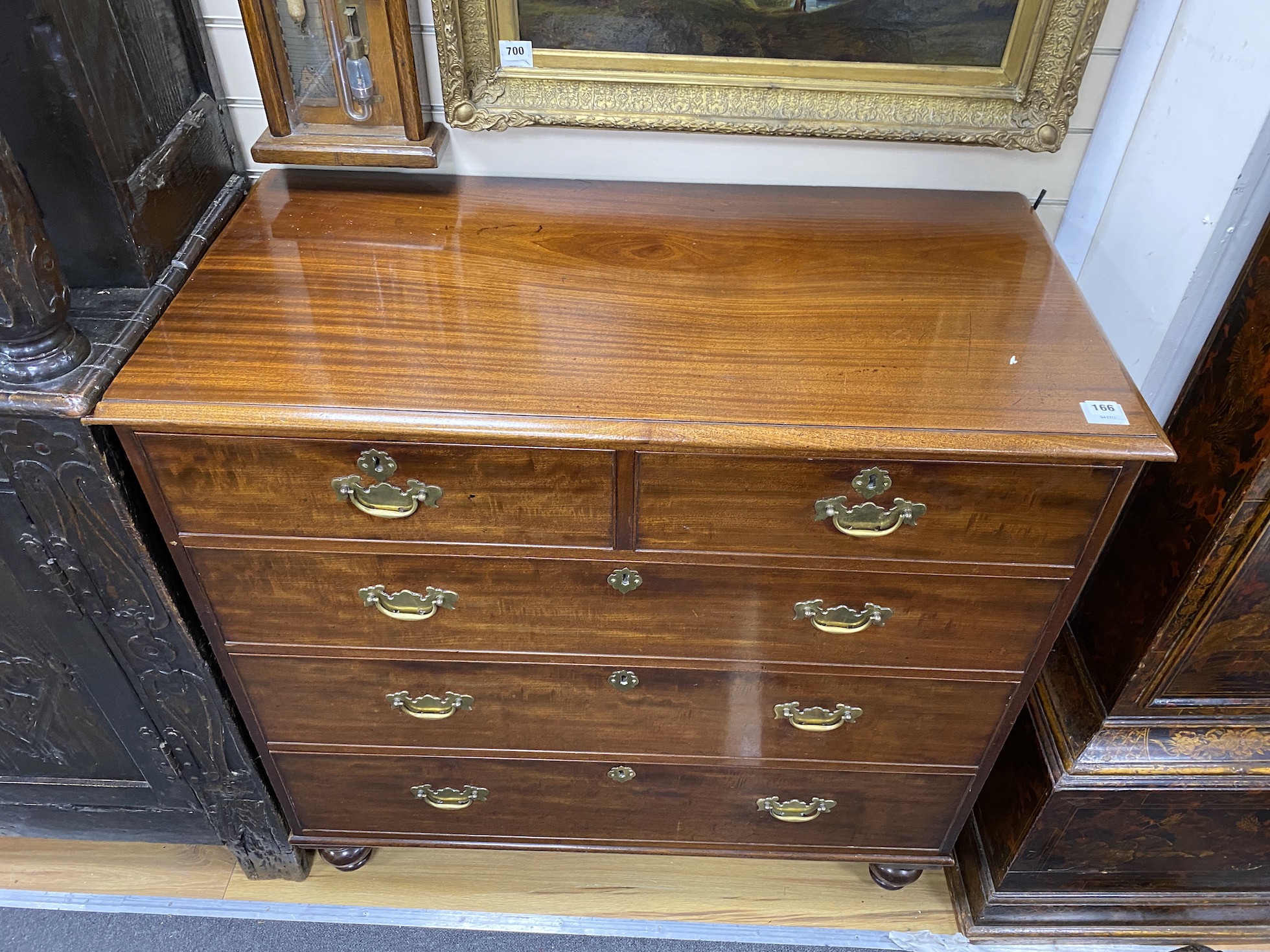 An early Victorian mahogany chest of two short and three long drawers, width 108cm, depth 53cm, height 106cm